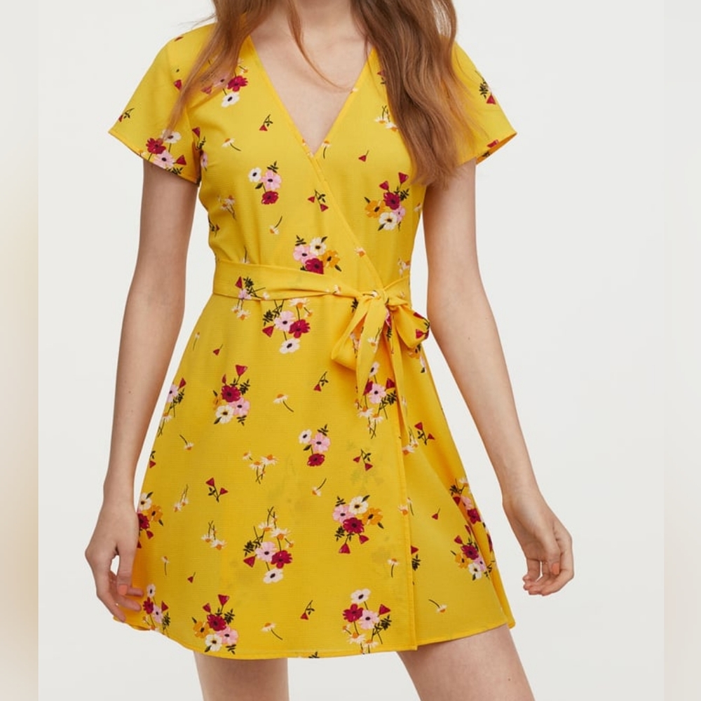 H&M Yellow Floral Creped Wrap dress